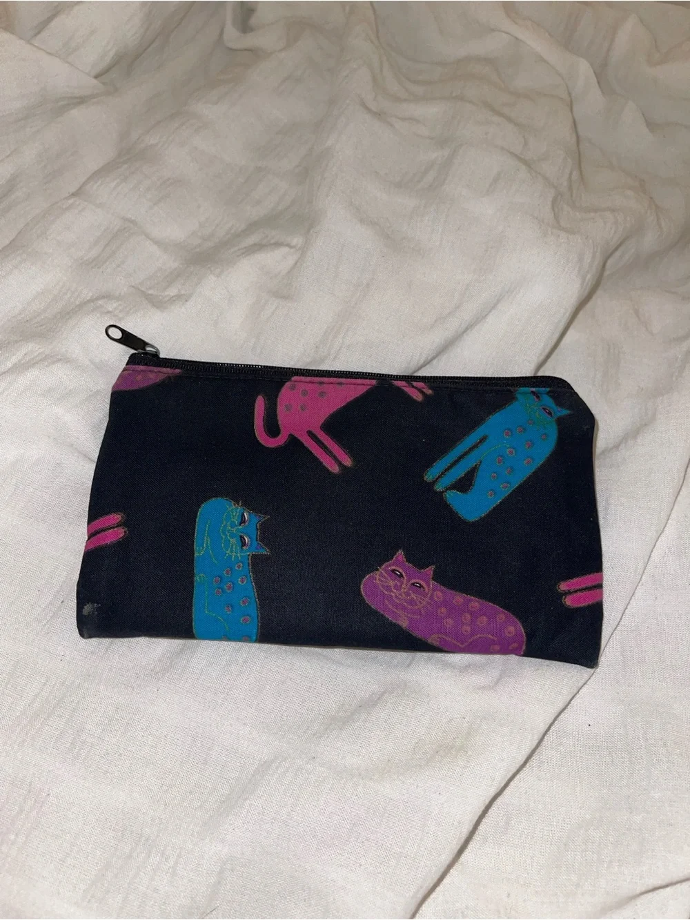 Black Zip Pouch with Pink, Blue, and Purple Cat Print
